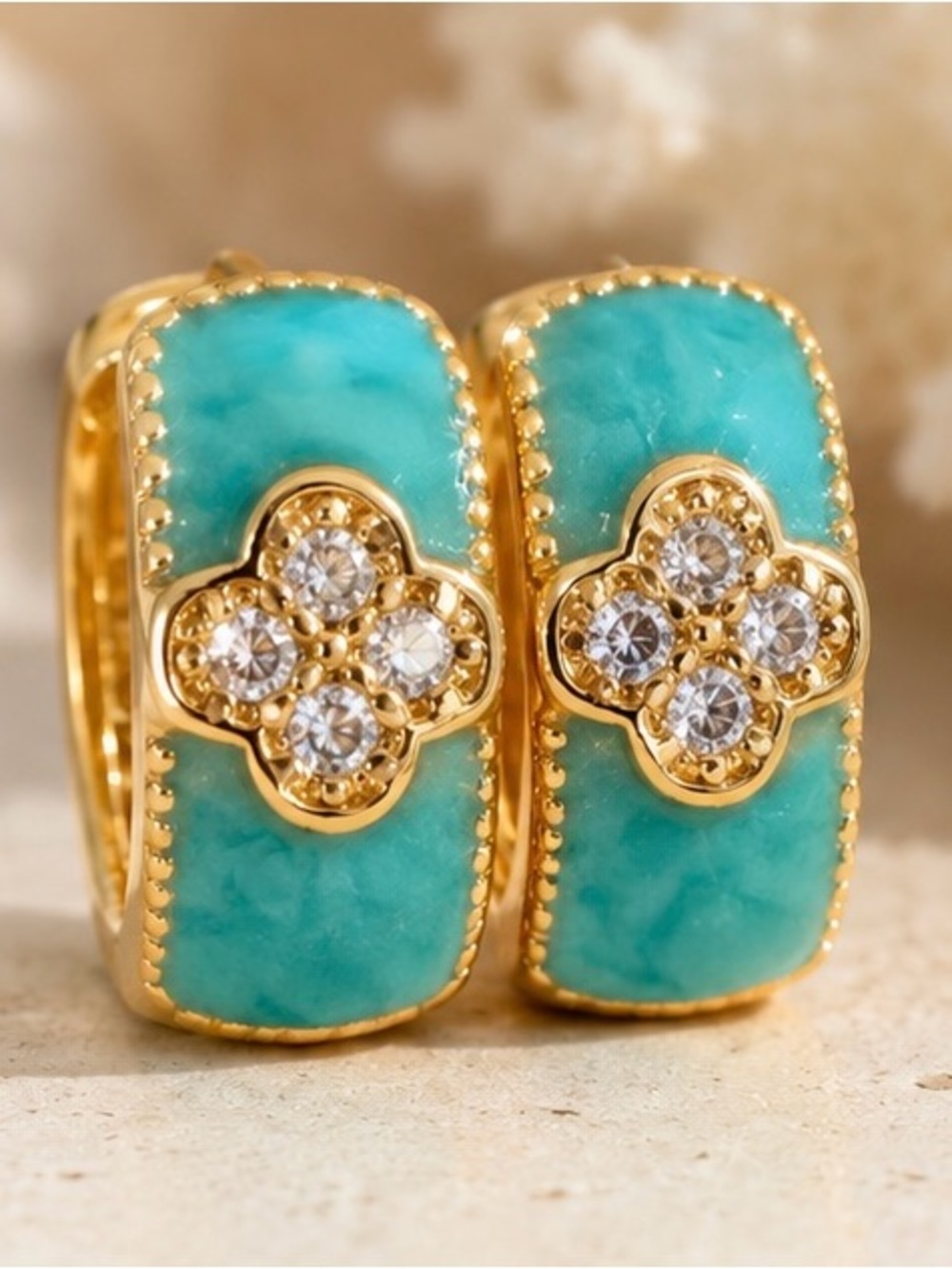 14kt Gold-Plated Turquoise Reversible Huggie Earrings with Crystal Clover Accent